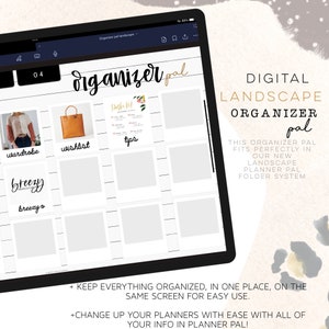 May include: A digital planner template with a grid layout for organizing different categories. The categories include wardrobe, wishlist, tips, breezy, and breezy o. The template is designed for use with a digital planner app and is labeled "Organizer pal".