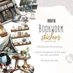 Bookworm Digital Stickers Stickers, Digital planning, Book Lover Stickers for Digital Planning, Digital Scrapbook Stickers