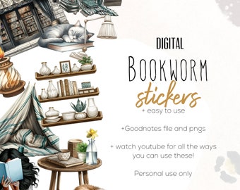 Bookworm Digital Stickers Stickers, Digital planning, Book Lover Stickers for Digital Planning, Digital Scrapbook Stickers