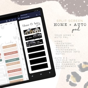 May include: A digital planner app on a tablet screen with a split screen view. The left side shows a list of categories for home and auto organization. The right side shows a list of categories for home and auto organization, with the text "Home & Auto pal" at the top.