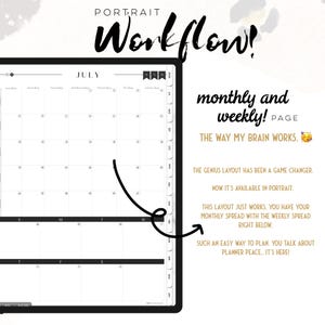 Puede incluir: Una p&aacute;gina de planificador digital en orientaci&oacute;n vertical con una cuadr&iacute;cula de calendario de julio con vistas mensuales y semanales. El texto incluye PORTRAIT WORKFLOW, monthly and weekly! PAGE, THE WAY MY BRAIN WORKS.
