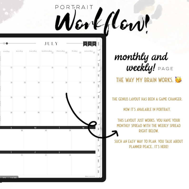 Puede incluir: Una p&aacute;gina de planificador digital en orientaci&oacute;n vertical con una cuadr&iacute;cula de calendario de julio con vistas mensuales y semanales. El texto incluye PORTRAIT WORKFLOW, monthly and weekly! PAGE, THE WAY MY BRAIN WORKS.