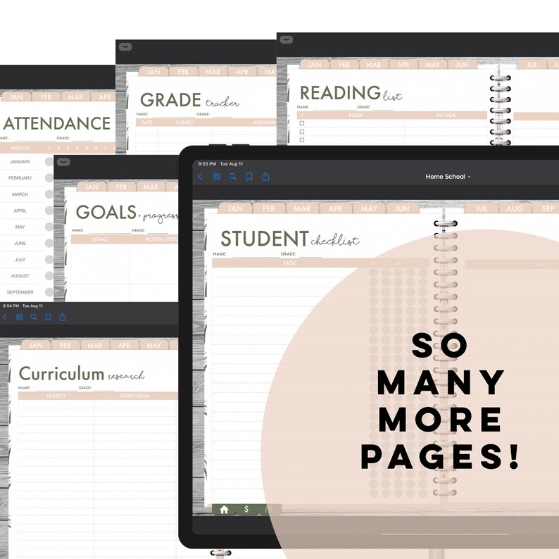 Op de afbeelding: Een digitale planner met een beige achtergrond en een spiraalbinding. De planner heeft pagina's voor studentenchecklists, leeslijsten, cijfertrackers, doelen, aanwezigheid en curriculumonderzoek. De tekst "SO MANY MORE PAGES!" wordt op het scherm weergegeven.