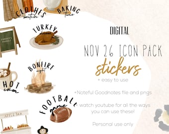 November 26 Icon Pack |  Digital Stickers, Digital planning, fall stickers, cute football game day stickers for digital planning,