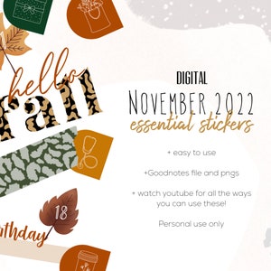 Puede incluir: Pegatinas digitales para noviembre de 2022 con temática otoñal. Las pegatinas presentan una variedad de diseños, que incluyen un estetoscopio, una taza de café, un pastel de cumpleaños y una hoja. El texto "hello fall" aparece en una fuente negra y en negrita.