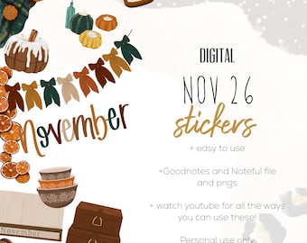 November 2026 digital stickers | Fall goodnotes modern stickers, digital minimalist noteful stickers