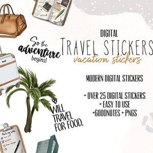Puede incluir: Pegatinas de viaje digitales con ilustraciones de maleta, palmera, bolsa de viaje y hotel. El texto incluye "So the adventure begins!" y "Will travel for food." Las pegatinas están diseñadas para uso digital y contienen más de 25 pegatinas.