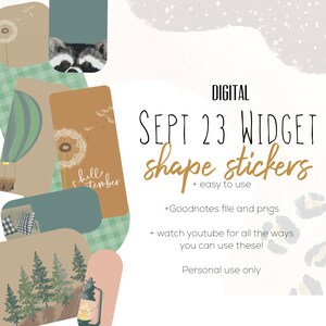 以下が含まれることがあります： Goodnotes 用の 2023 年 9 月のデジタル ウィジェット 形状ステッカー。ステッカーには、熱気球、アライグマ、タンポポ、ランタン、森、格子模様が描かれています。ステッカーの 1 つに「hello september」というテキストが書かれています。