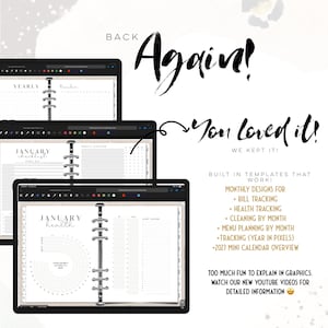 May include: Digital planner templates on three black tablets. The planner pages include sections for yearly, monthly, and health tracking. Text on the image reads "Again! You loved it! We kept it!" and lists features like bill tracking and cleaning by month.