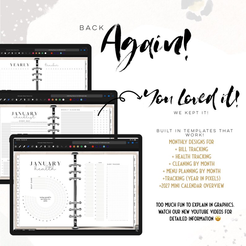 May include: Digital planner templates on three black tablets. The planner pages include sections for yearly, monthly, and health tracking. Text on the image reads "Again! You loved it! We kept it!" and lists features like bill tracking and cleaning by month.
