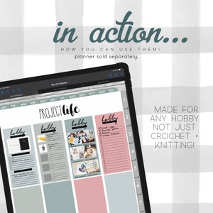 May include: A digital planner app on a tablet screen showing a page with the title "PROJECT life" and four sections labeled "hobby" with checklists and space for photos. The text "MADE FOR ANY HOBBY NOT JUST CROCHET + KNITTING!" is visible on the right side of the image.