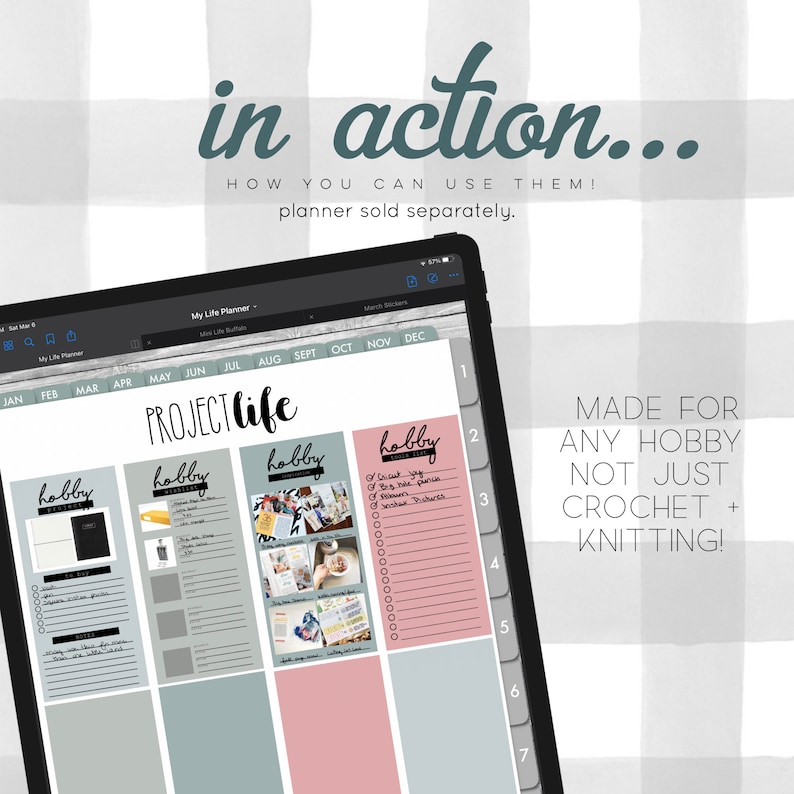May include: A digital planner app on a tablet screen showing a page with the title "PROJECT life" and four sections labeled "hobby" with checklists and space for photos. The text "MADE FOR ANY HOBBY NOT JUST CROCHET + KNITTING!" is visible on the right side of the image.