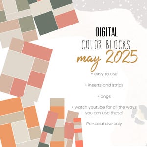 May include: Digital color blocks for May 2025. These blocks are easy to use and come with inserts and strips. They are available as PNG files. Watch YouTube for ways to use these blocks. Personal use only.