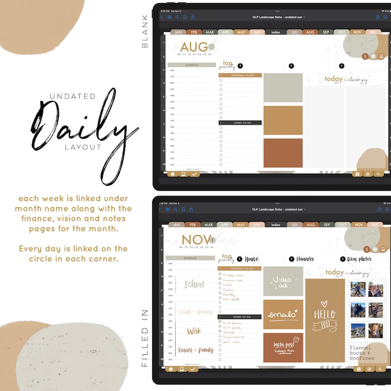 May include: Two digital planner pages with a beige and brown color scheme. The first page is blank and the second page is filled with a daily schedule, to-do lists, and notes. The text "UNDATED Daily LAYOUT" is on the first page and the text "FILLED IN" is on the second page.