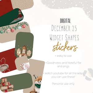 Pode incluir: Autocolantes digitais em forma de widget com tema natalício. O design inclui várias formas com ilustrações de casas, presentes e um elfo. O texto diz "DIGITAL DECEMBER 25 WIDGET SHAPES stickers".