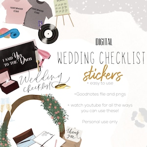 May include: Digital wedding checklist stickers with various illustrations, including a ring box, wedding arch, and t-shirts that say "Honeymoon Club." The image also includes text that says "I said yes to the dress."