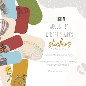 May include: Digital August 24 Widget Shapes Stickers, a set of colorful digital stickers with various shapes and designs, including a hot air balloon, a Ferris wheel, a bicycle, and a sunflower. The stickers are designed for use with Goodnotes and include a YouTube link for tutorials. Personal use only.