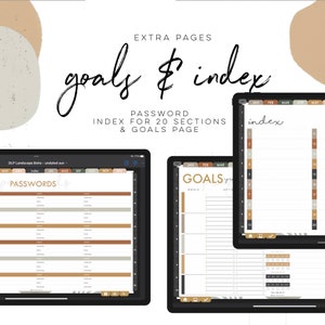 May include: A digital planner with a brown and beige color scheme. The planner includes pages for passwords, goals, and an index. The index page has a calendar layout with months listed across the top and numbers down the side.