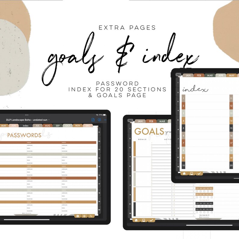May include: A digital planner with a brown and beige color scheme. The planner includes pages for passwords, goals, and an index. The index page has a calendar layout with months listed across the top and numbers down the side.