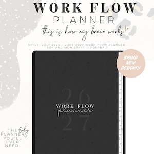 Pode incluir: Um planejador de fluxo de trabalho digital preto para julho de 2026 a junho de 2027. A capa apresenta o texto 'WORK FLOW planner' com '26' e '27' ao fundo. Inclui abas laterais para os meses e um layout em orientação retrato.