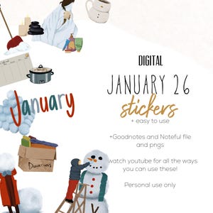 Puede incluir: Pegatinas digitales para el 26 de enero, con ilustraciones de un muñeco de nieve, una escena de spa y una caja de donaciones. El texto incluye "Enero" y "pegatinas". Diseñado para Goodnotes y Noteful.