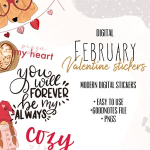 Könnte beinhalten: Digitale Valentinstag-Sticker im modernen Design. Die Sticker zeigen Illustrationen eines Hundes mit Brille, einer Pizza, eines Zwergs und Text, der "you will forever be my always" und "cozy vibes" lautet.