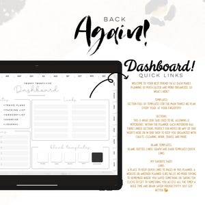 May include: A digital planner on a tablet with the text "Back Again!" and "Dashboard! Quick Links." The planner includes sections for travel plans, packing lists, and a grocery list. The screen displays links and blank templates.