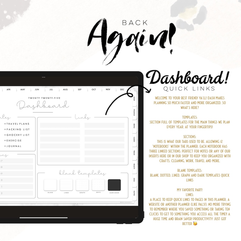 May include: A digital planner on a tablet with the text "Back Again!" and "Dashboard! Quick Links." The planner includes sections for travel plans, packing lists, and a grocery list. The screen displays links and blank templates.