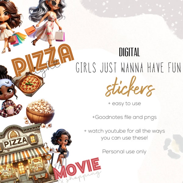 Girls Just Wanna Have Fun Sticker Pack, Digital planning, Pizza stickers, Girl stickers, stickers for digital planning,