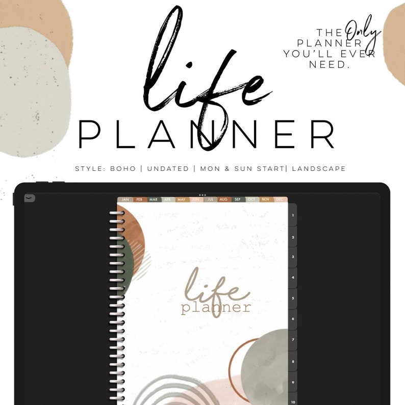 May include: A digital planner with a boho style design. The cover features a white background with abstract shapes in shades of brown, green, and gray. The text "life planner" is written in black cursive script. The planner is undated and has a landscape orientation.