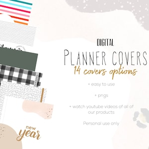 May include: Digital planner covers with 14 different options. The covers feature various patterns and designs, including stripes, plaid, and animal print. The text "new year" is featured on one of the covers.