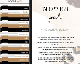 Könnte beinhalten: Ein schwarzer und goldener druckbarer Planer-Einsatz mit dem Text "notes pal" und einer Liste von Kategorien für Notizen, Kritzeleien, Checklisten, Einkaufen, Gehirndump, Lieblingsmenü, Projekt, Passwörter, Links, Tipps, Geschenke, Tiefenreinigung, Wunschliste, Messungen, Informationen und Kontakte. Der Text "NOTES pal." ist in einer größeren Schriftart und befindet sich in der oberen rechten Ecke des Bildes. Der Text "NOTES PAL INSERTS FITS INSIDE OF OUR PLANNER PAL FOLDERS!" befindet sich in der Mitte rechts des Bildes. Das Bild ist auf einem hellbraunen Hintergrund mit einem Leopardenmuster.