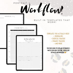 Puede incluir: Plantillas de planificador digital con flujo de trabajo vertical, incluyendo diario, rastreador de ejercicios y rastreador de finanzas. El texto incluye PORTRAIT WORKFLOW, BUILT IN TEMPLATES THAT WORK, TEMPLATES YOU ACTUALLY NEED y m&aacute;s.