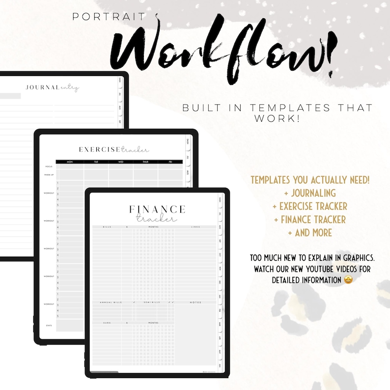 Puede incluir: Plantillas de planificador digital con flujo de trabajo vertical, incluyendo diario, rastreador de ejercicios y rastreador de finanzas. El texto incluye PORTRAIT WORKFLOW, BUILT IN TEMPLATES THAT WORK, TEMPLATES YOU ACTUALLY NEED y m&aacute;s.