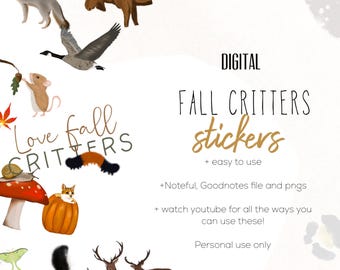 Fall Critter 26 Stickers, Digital planning, Animal stickers, Outdoorsy digital stickers, planning stickers, stickers for digital planning