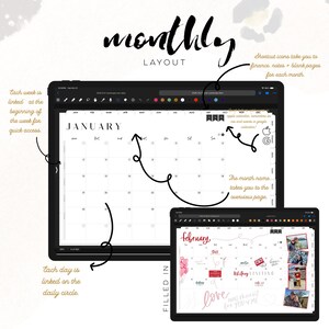 May include: Digital monthly layout on a tablet, featuring a calendar view for January and February. The layout includes linked weeks and days, with shortcut icons for finance, notes, and blank pages. The word "monthly" is at the top.