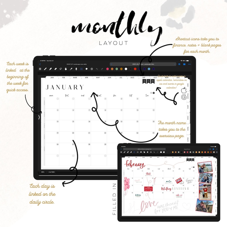 May include: Digital monthly layout on a tablet, featuring a calendar view for January and February. The layout includes linked weeks and days, with shortcut icons for finance, notes, and blank pages. The word "monthly" is at the top.