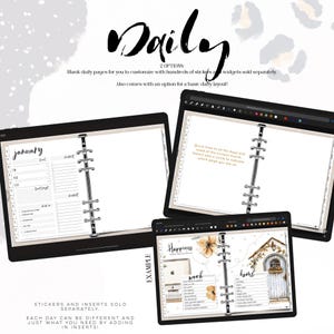 May include: Digital planner pages on three tablets. The word "Daily" is written in a stylish font. The planner pages include sections for to-do lists, notes, and a basic daily layout. The text says "Stickers and inserts sold separately."