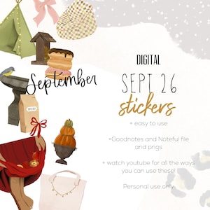 Puede incluir: Pegatinas digitales con ilustraciones de una tienda de campaña verde, lazo rosa, puf a cuadros, pajarera, pájaro, bolsa de café, falda roja con manzanas, calabazas y un bolso. Texto: DIGITAL SEPT 26 stickers + easy to use +Goodnotes and Noteful file and pngs + watch youtube for all the ways you can use these! Personal use only.