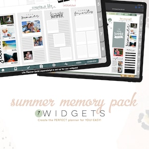 May include: A digital planner screen displaying seven summer memory widgets. The widgets are designed to help users create a personalised summer planner. The widgets include sections for "this summer", "living for summer", "summer favourites", "be yourself", "every summer", "summer menu", and "captured".