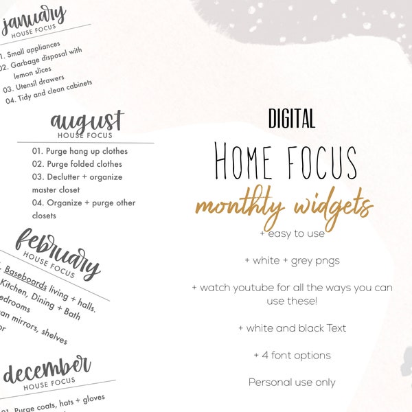 Home Focus Yearly Widget Inserts Stickers  | house cleaning stickers | Modern Digital Widget Stickers