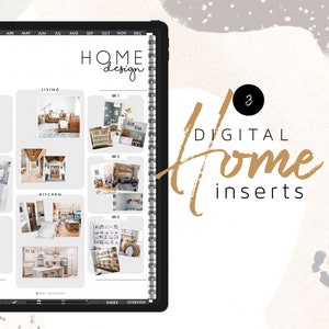Peut inclure: Une page de planificateur numérique avec une mise en page en grille présentant des photos de différentes pièces d'une maison. La page est intitulée "Home Design" et comprend des sections pour "Living", "Kitchen", et "BR 1", "BR 2", et "BR 3". La page fait partie d'un système de planificateur numérique appelé "Digital Home Inserts".
