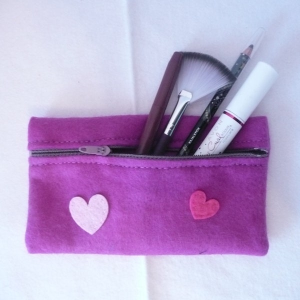 Purple Felt purse, Purple pencil case with hearts, Purple felt cosmetic bag, Purple purse with two hearts, Purple zipper pouch, Fabric pouch