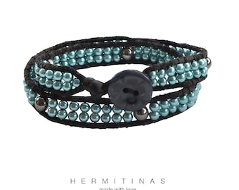 Silk cord bracelet with teal blue pearls and hematite, Black satin cor bracelet with teal blue pearls and hematite, Two wraps pearl bracelet