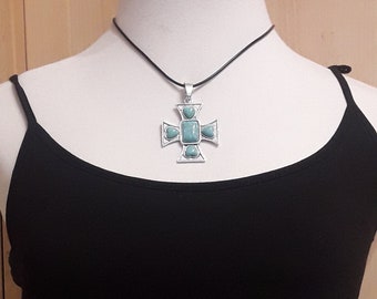 Cross Pendant, Turquoise Cross, Turquoise Necklace, Boho Necklace, Summer Jewelry, Gift for woman, Blue Square Cross