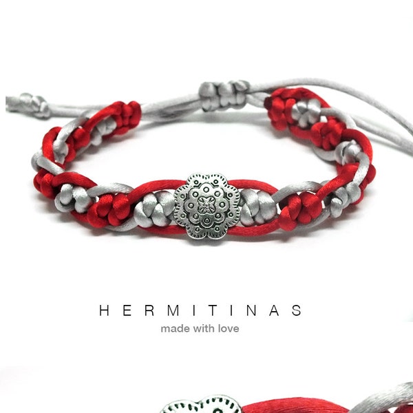 Reshipping for Raúl. Silk cord bracelet with knots and metal beads in grey and red,