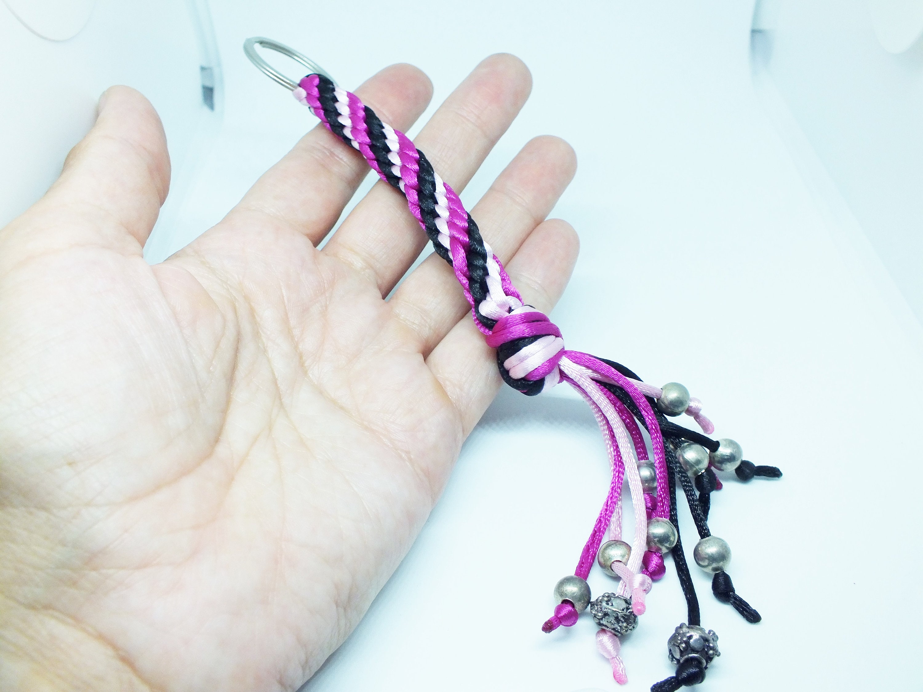 Kumihimo Keychain, Black Fuchsia and Light Pink Satin Cord