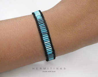 Pulsera de cola de Ratón Negra con Cuentas de Canutillo Azul, Pulsera Cordón de Seda Negro y Cuentas de Canutillo Azul, Pulsera Azul y Negra