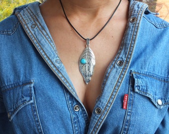 Leaf Necklace, Leaf Jewelry, Turquoise necklace, Big Leaf Pendant, Leather necklace, Charm necklace, Leather choker,Plants Trees Jewelry,