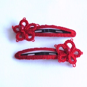 Set of Two Red Flower Tatted Hair Clips, Red Tatting Hair Clips, Set of Two Red Tatted Snap Clips, Tatted Red Flower Hair Pins, Gift Idea image 3